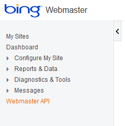 Bing Webmaster Tools API Menu