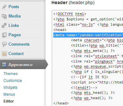 Adding Yandex Meta Tag in WordPress Header