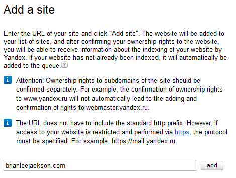Yandex Add Domain