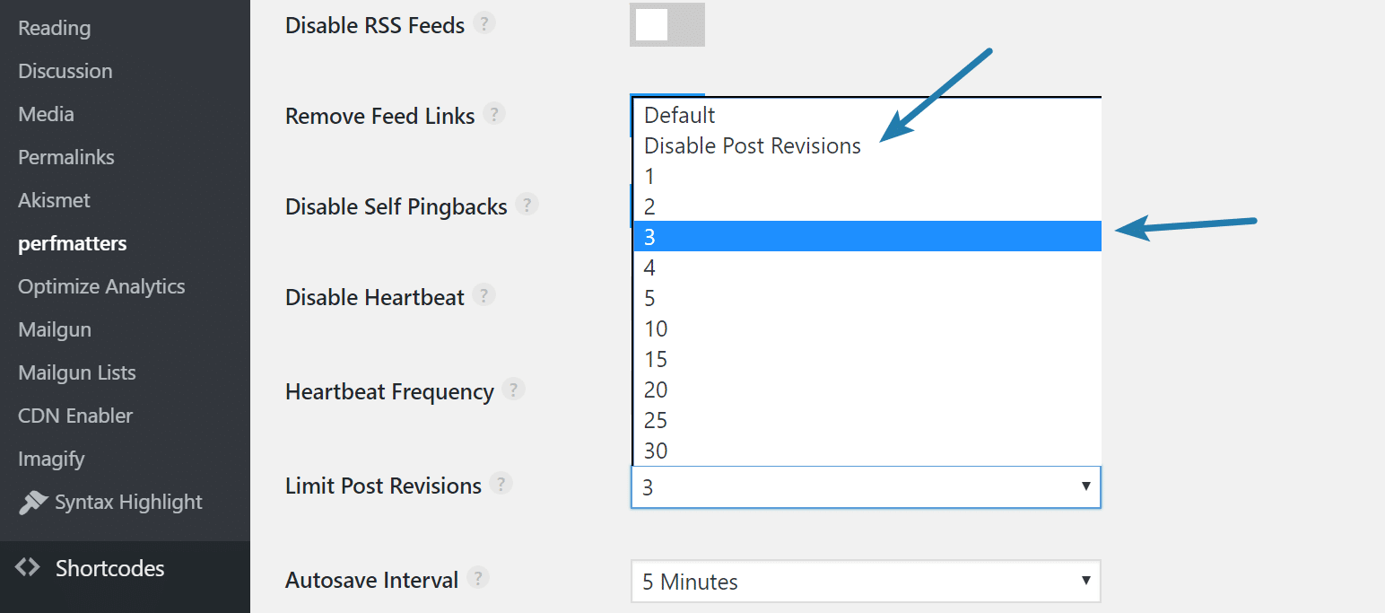 Disable and or limit WordPress revisions with perfmatters