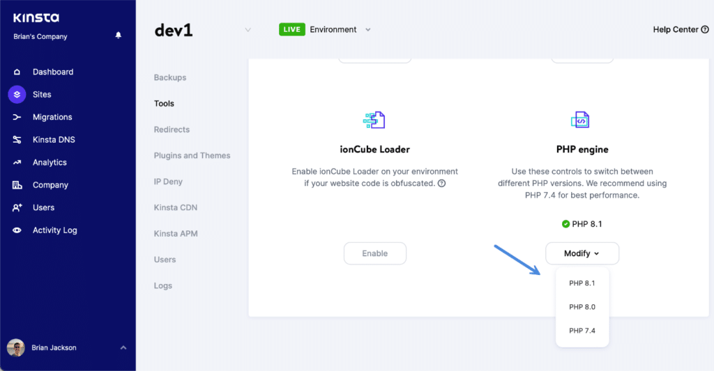 Change PHP version in MyKinsta