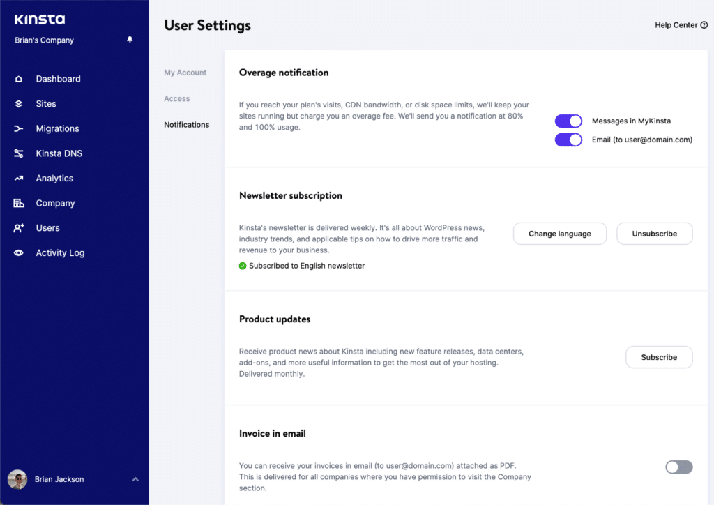 Kinsta notifications