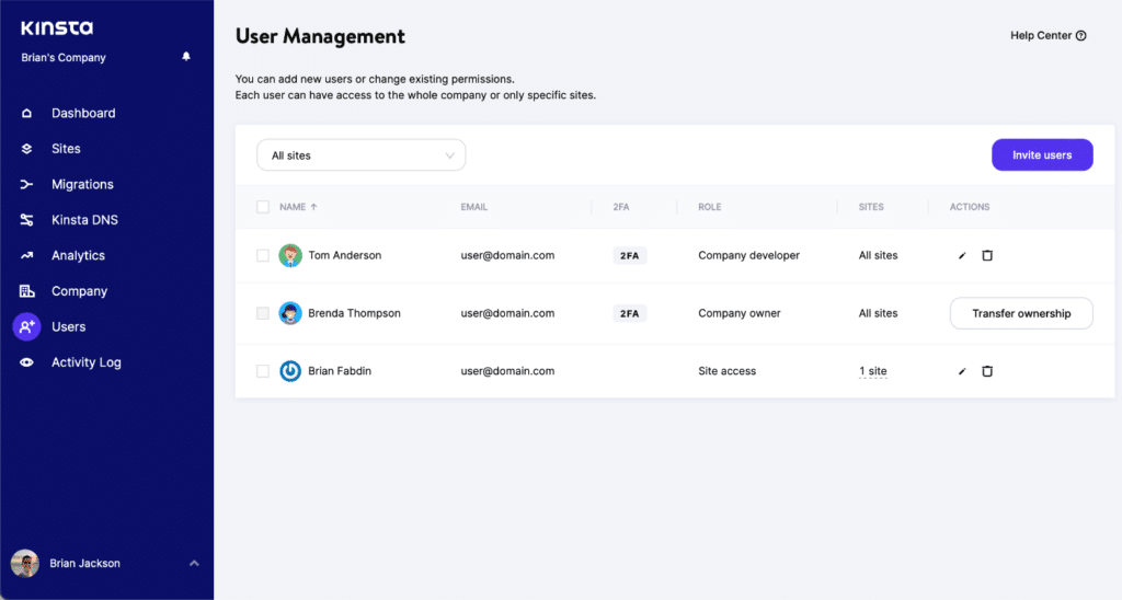 Kinsta user management