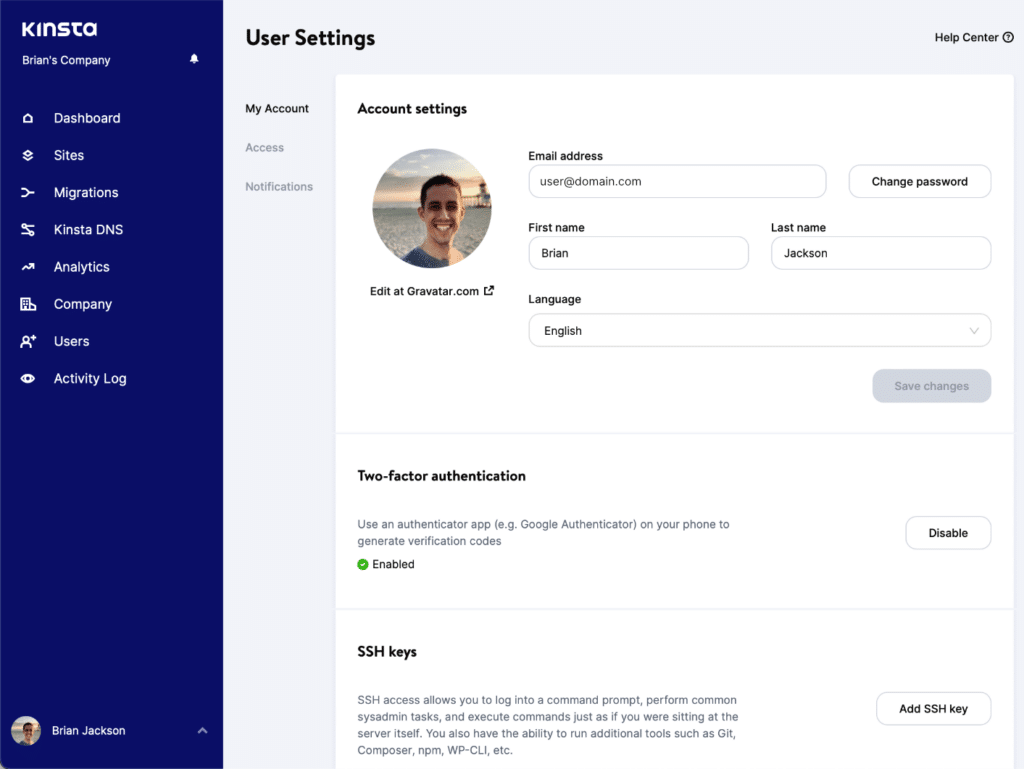 MyKinsta user settings
