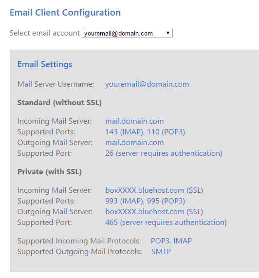 using bluehost email server settings