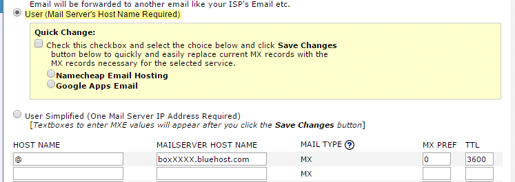 namecheap bluehost mx record