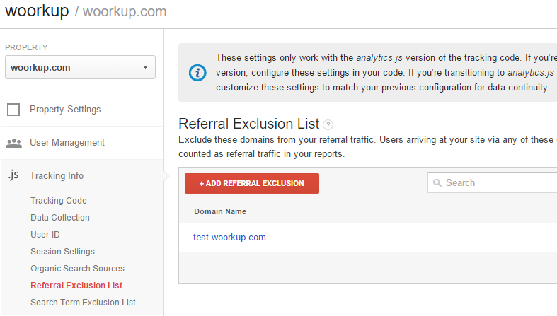 google analytics self-referral traffic exclusion list