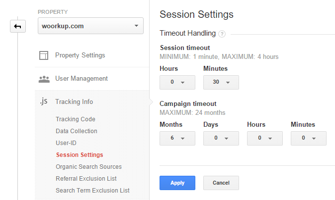 google analytics session settings