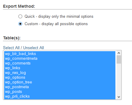 phpMyAdmin Export Method