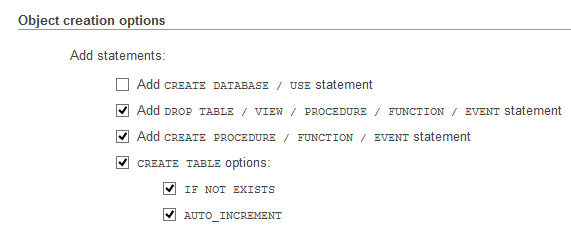 phpMyAdmin Object Creation Options