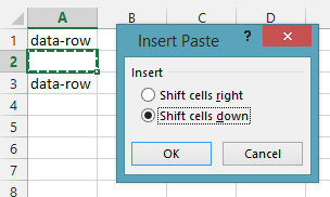 excel shift cells down greyed out