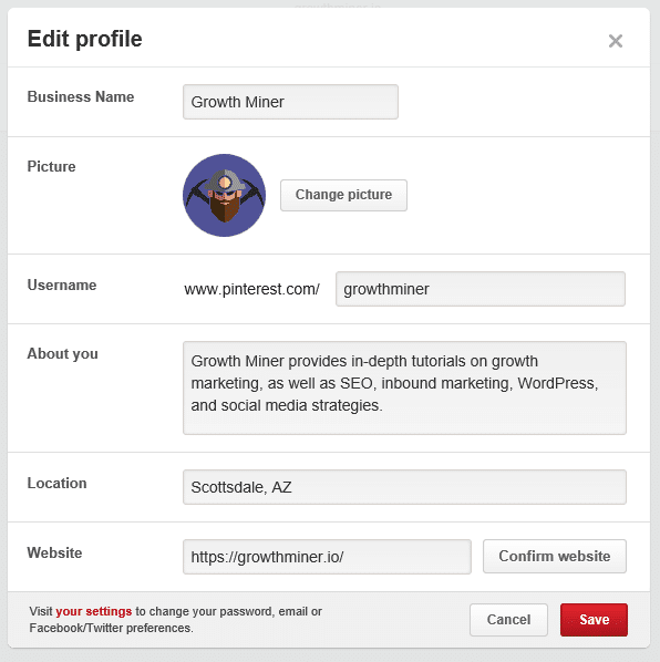 edit pinterest profile information