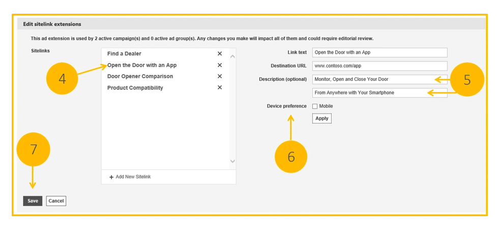 edit sitelink extensions