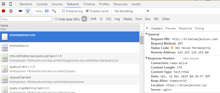 google dev tools 301 redirect