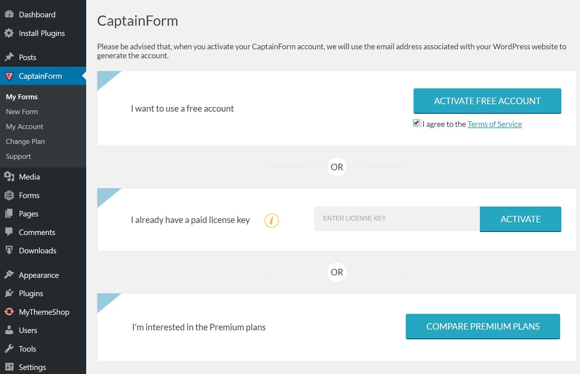 captainform account options