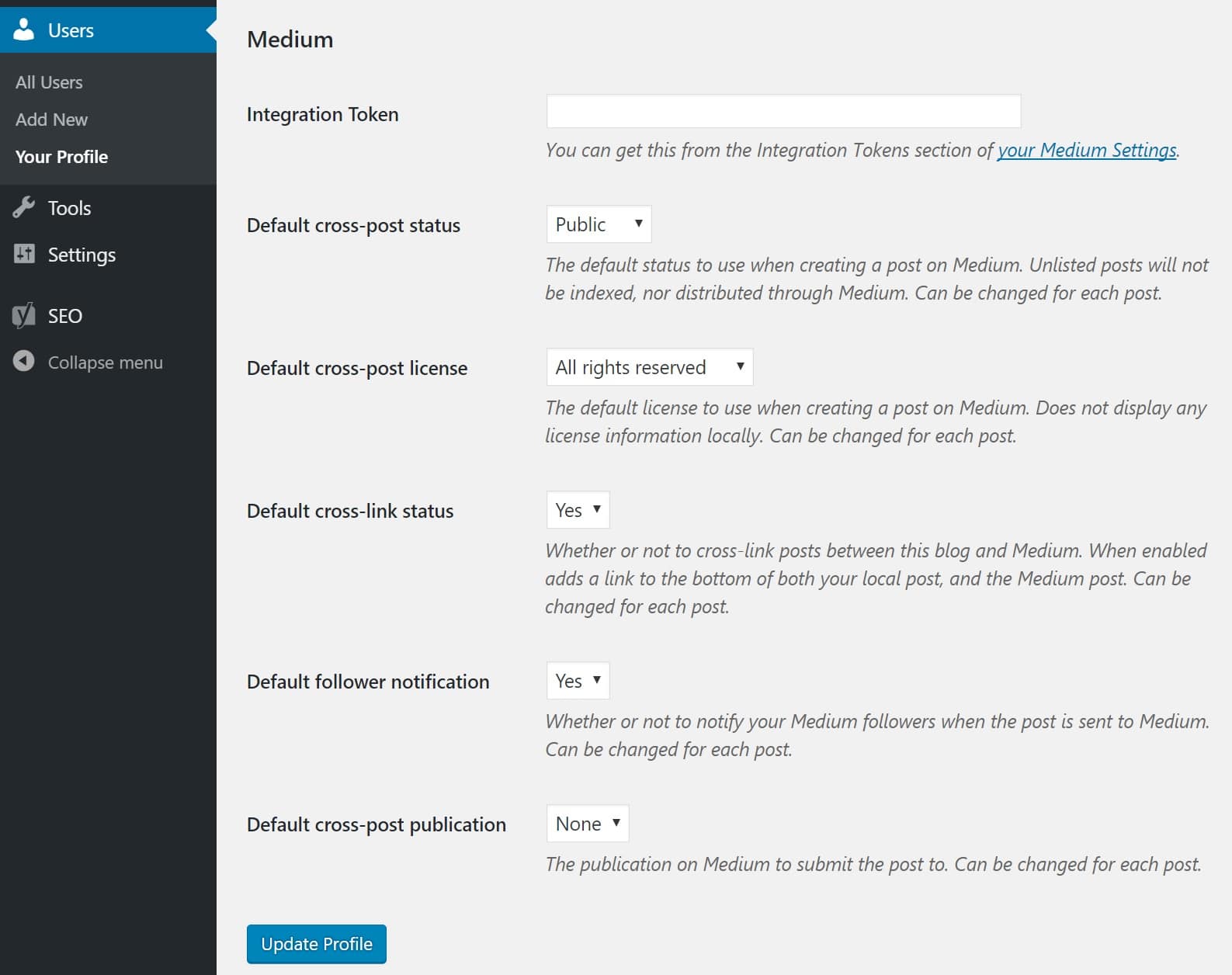 medium wordpress plugin settings