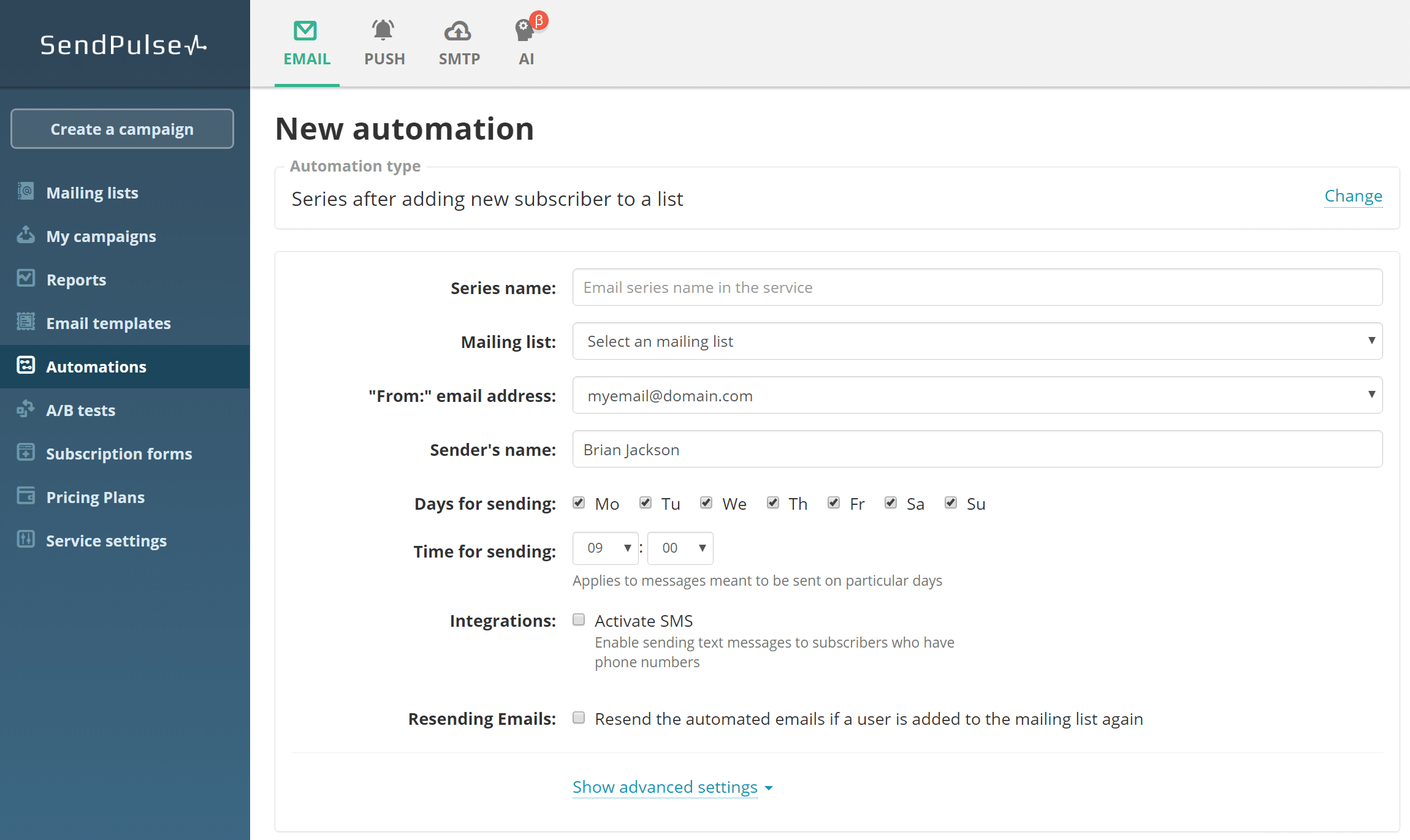 sendpulse automated series