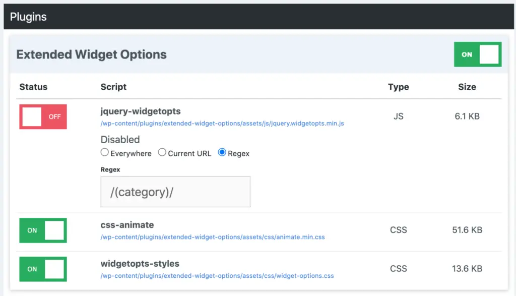 Perfmatters - Disable scripts with Regex