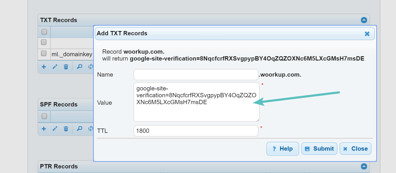 Add txt record site verification