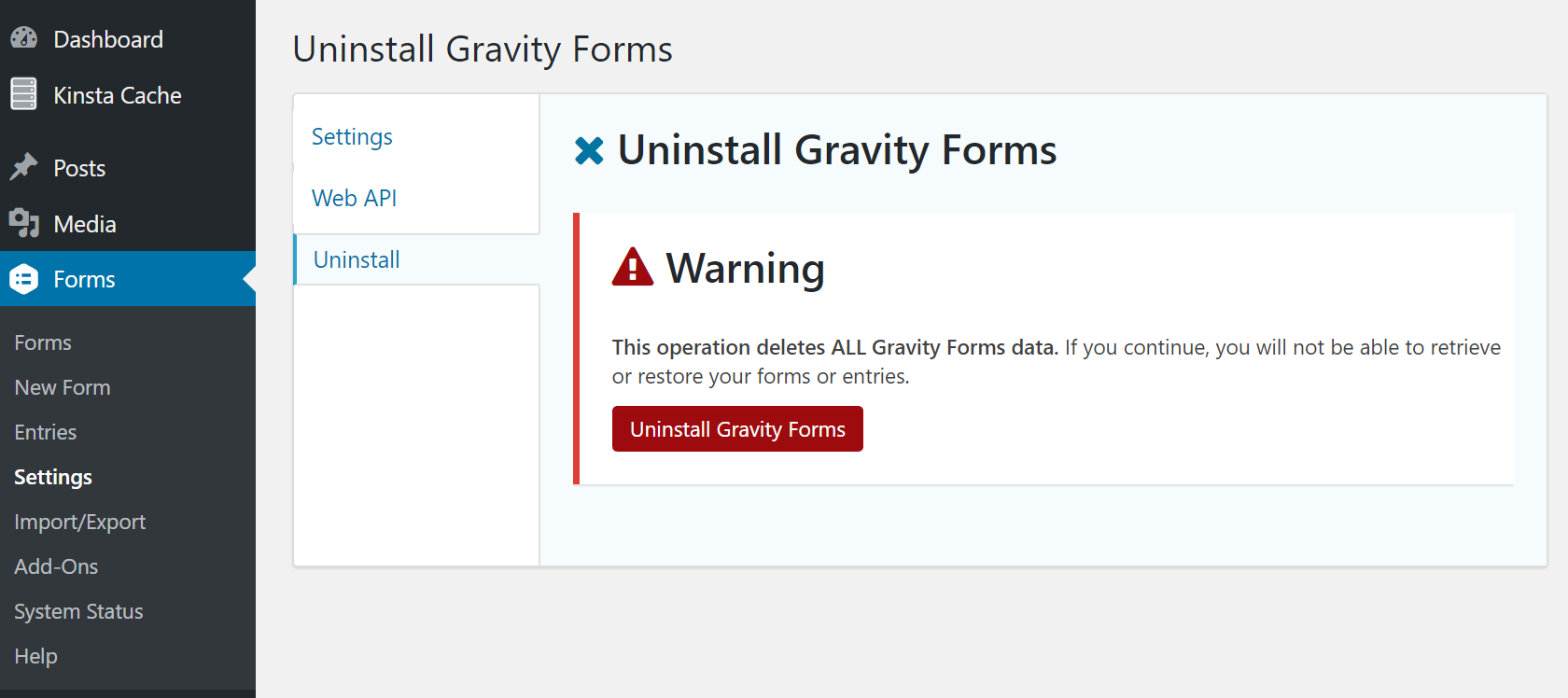 Uninstall Gravity Forms plugin