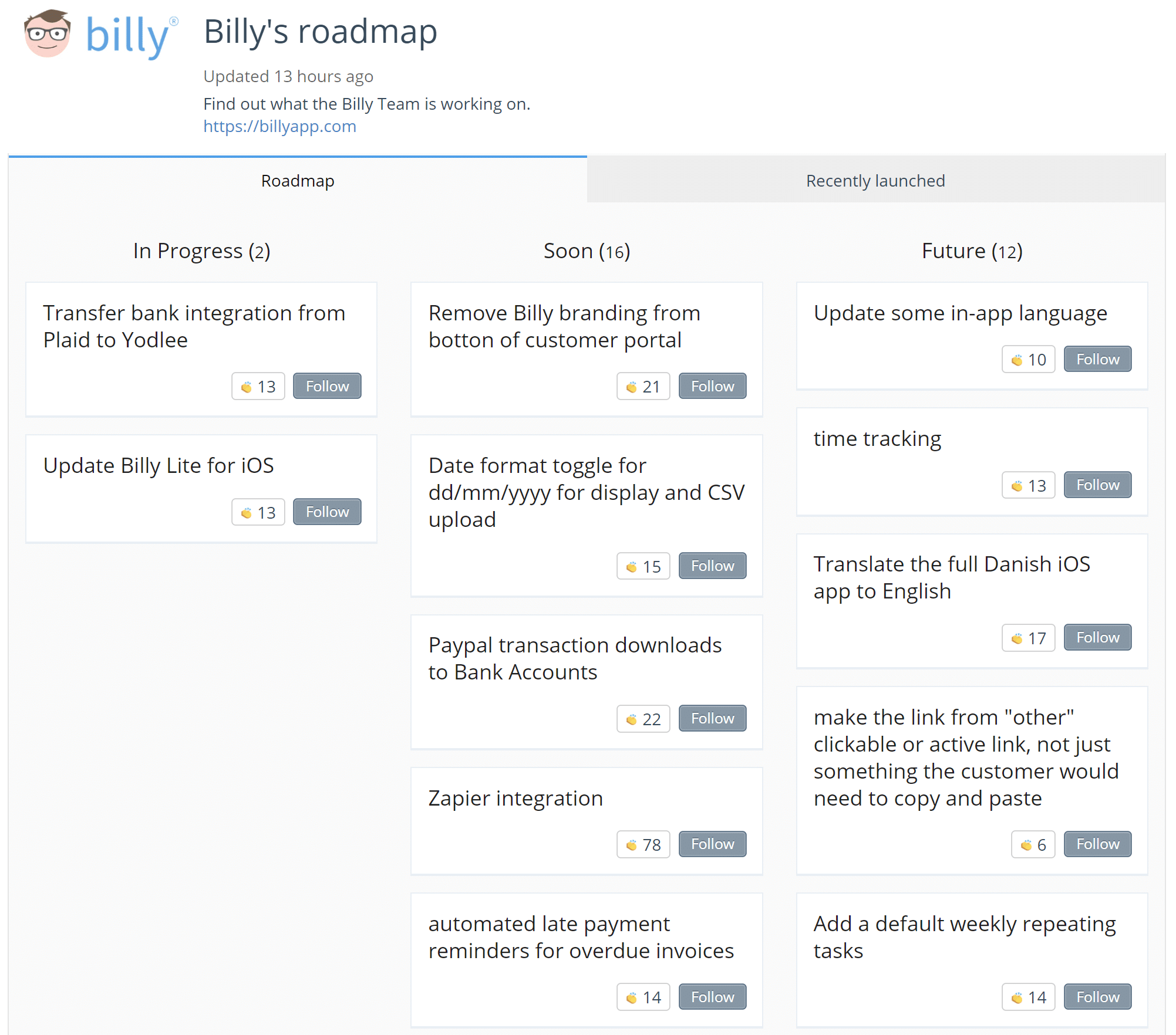 Billy product roadmap