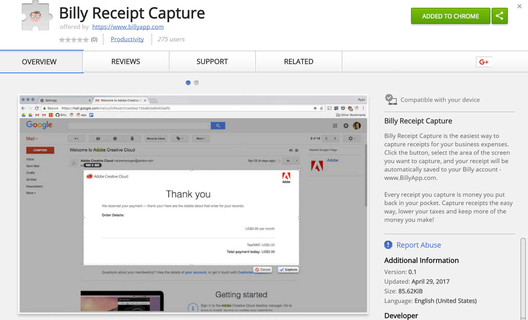 Billy receipt capture Chrome extension