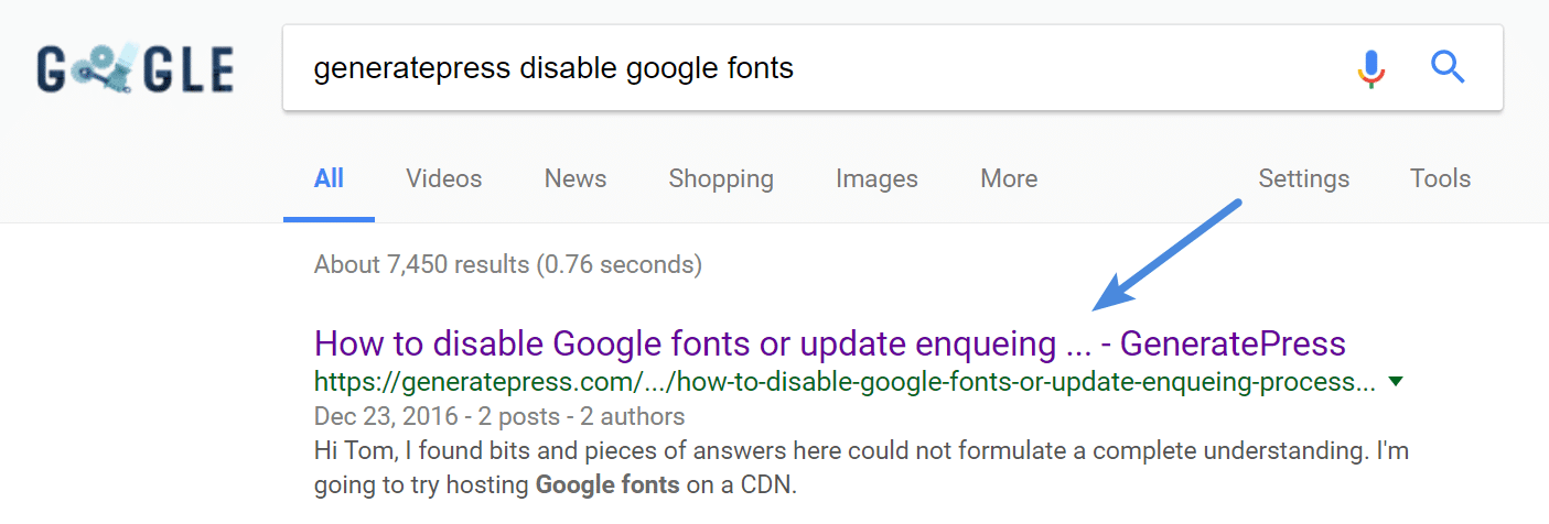 GeneratePress disable Google Fonts