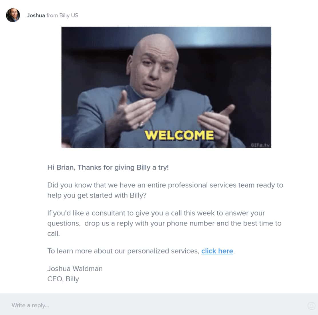 Billy welcome message