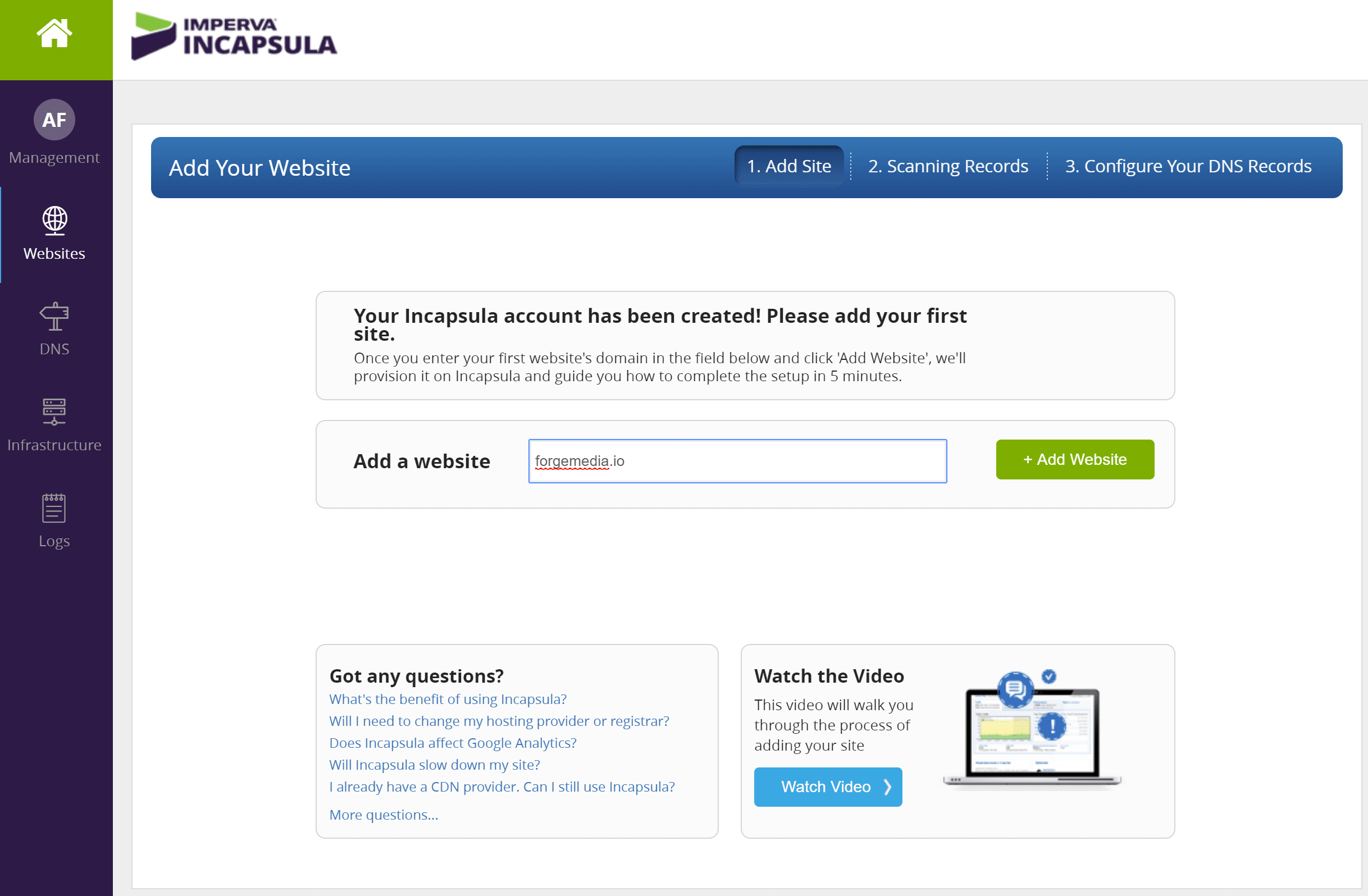 Add website to Incapsula