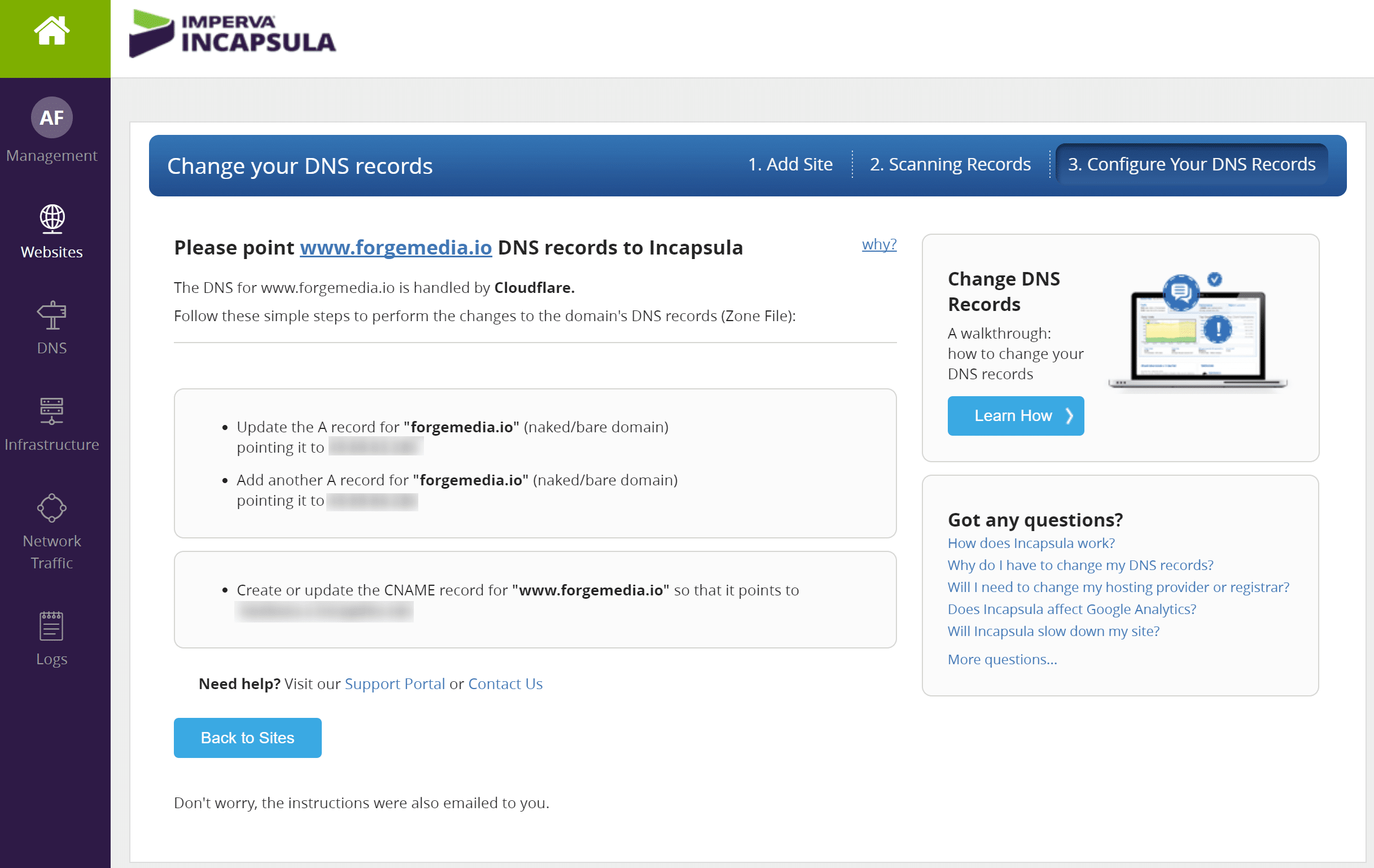 Incapsula DNS records