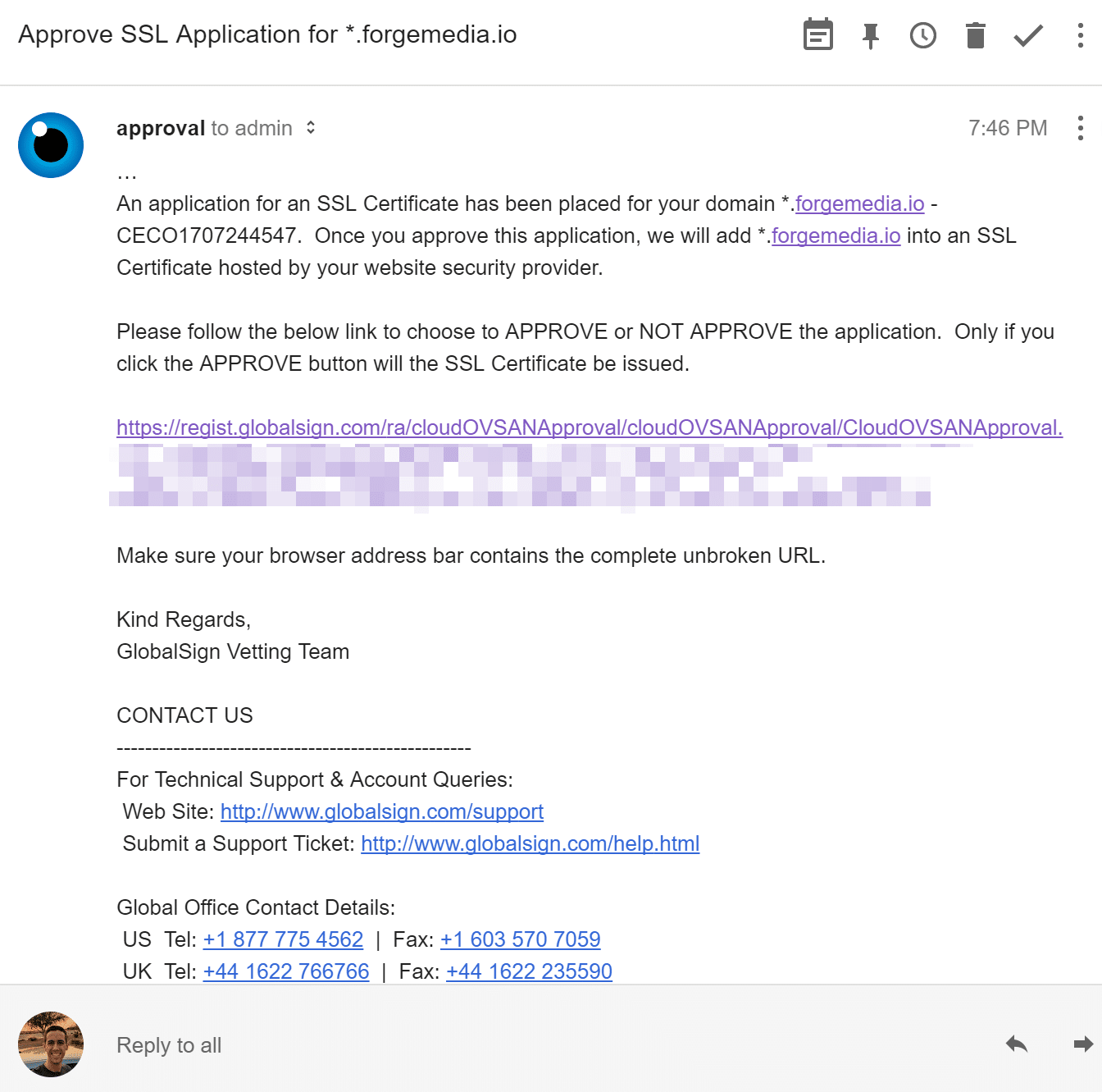 SSL confirmation email from Incapsula