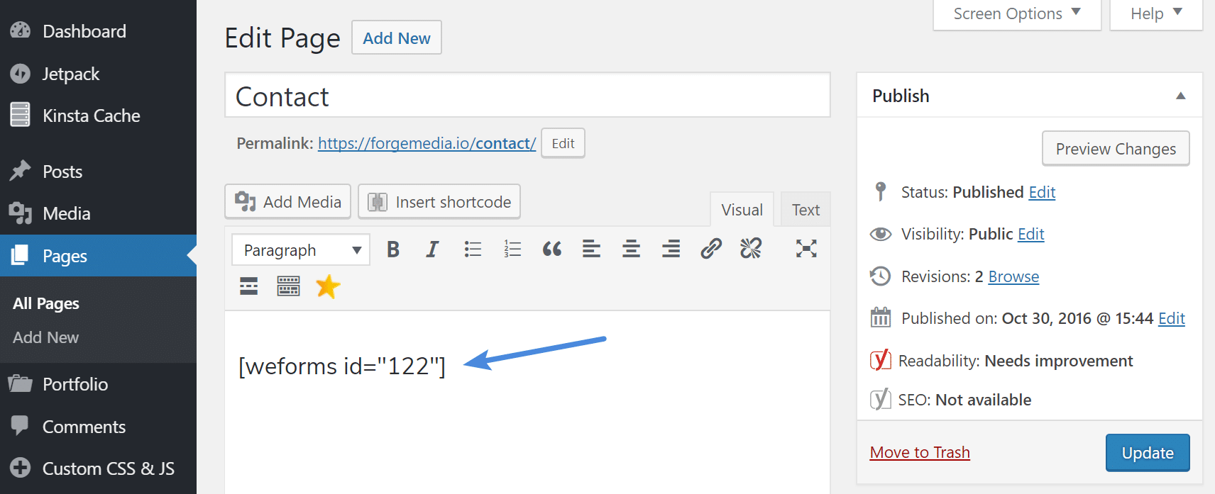 Add weForms shortcode to page