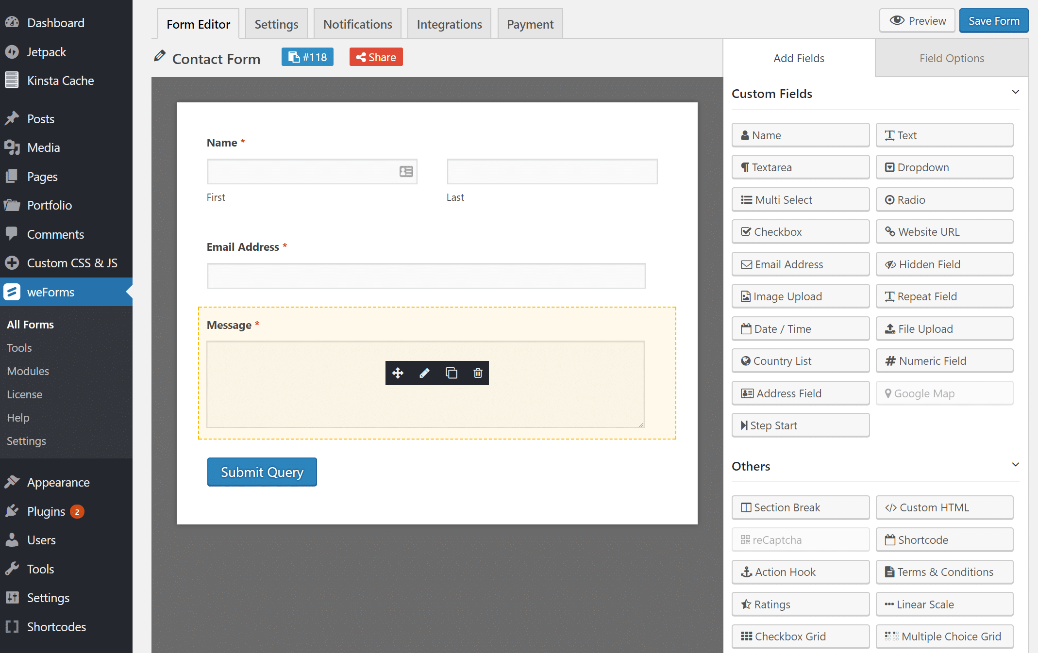 Building a contact form in weForms