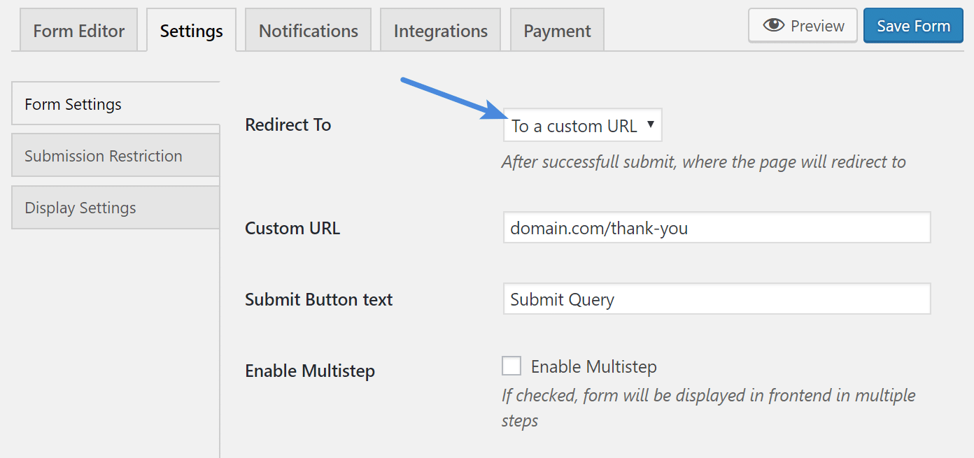 Change form settings URL