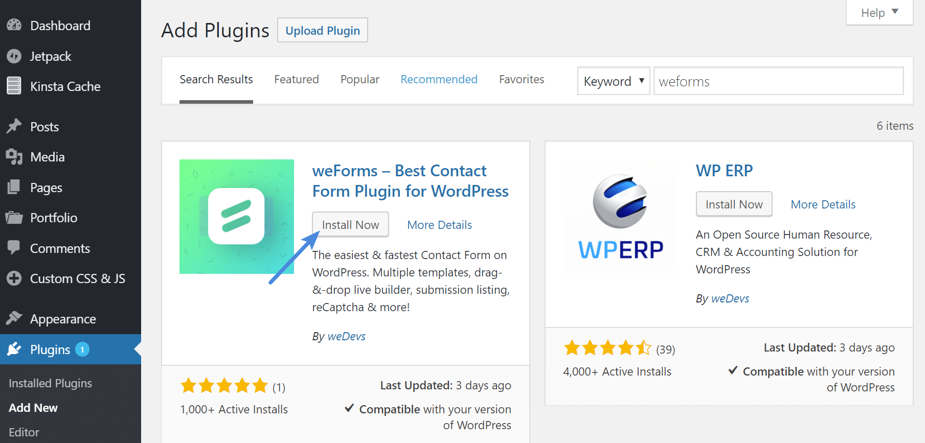 Install weForms plugin