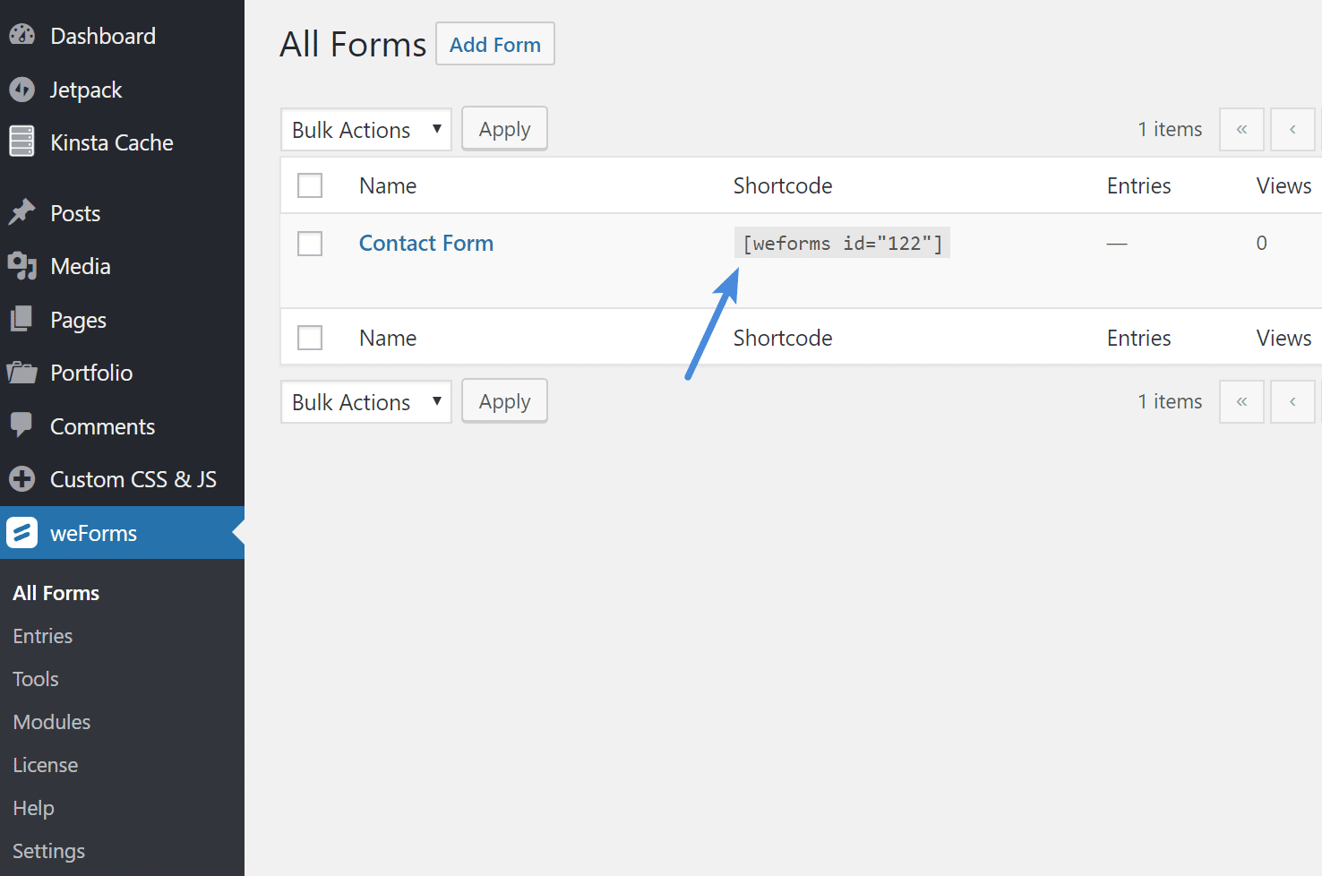 weForms shortcode