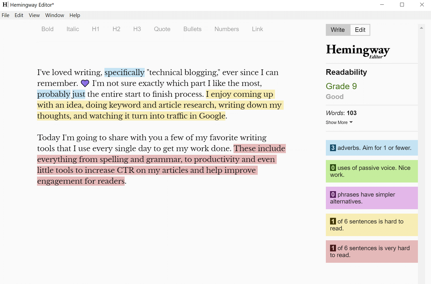 hemingway editor grading