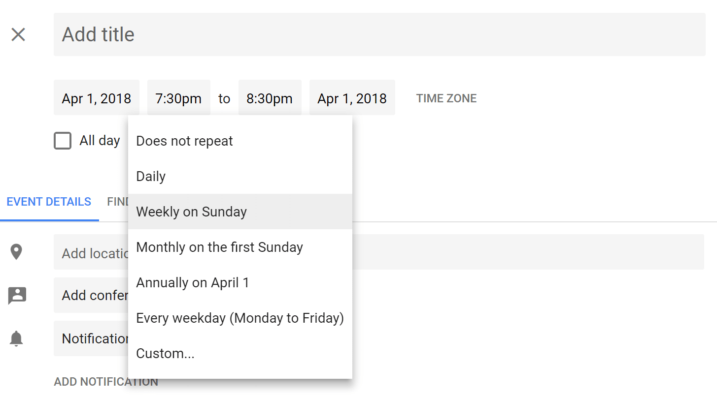 Default options for repeating events in Google Calendar