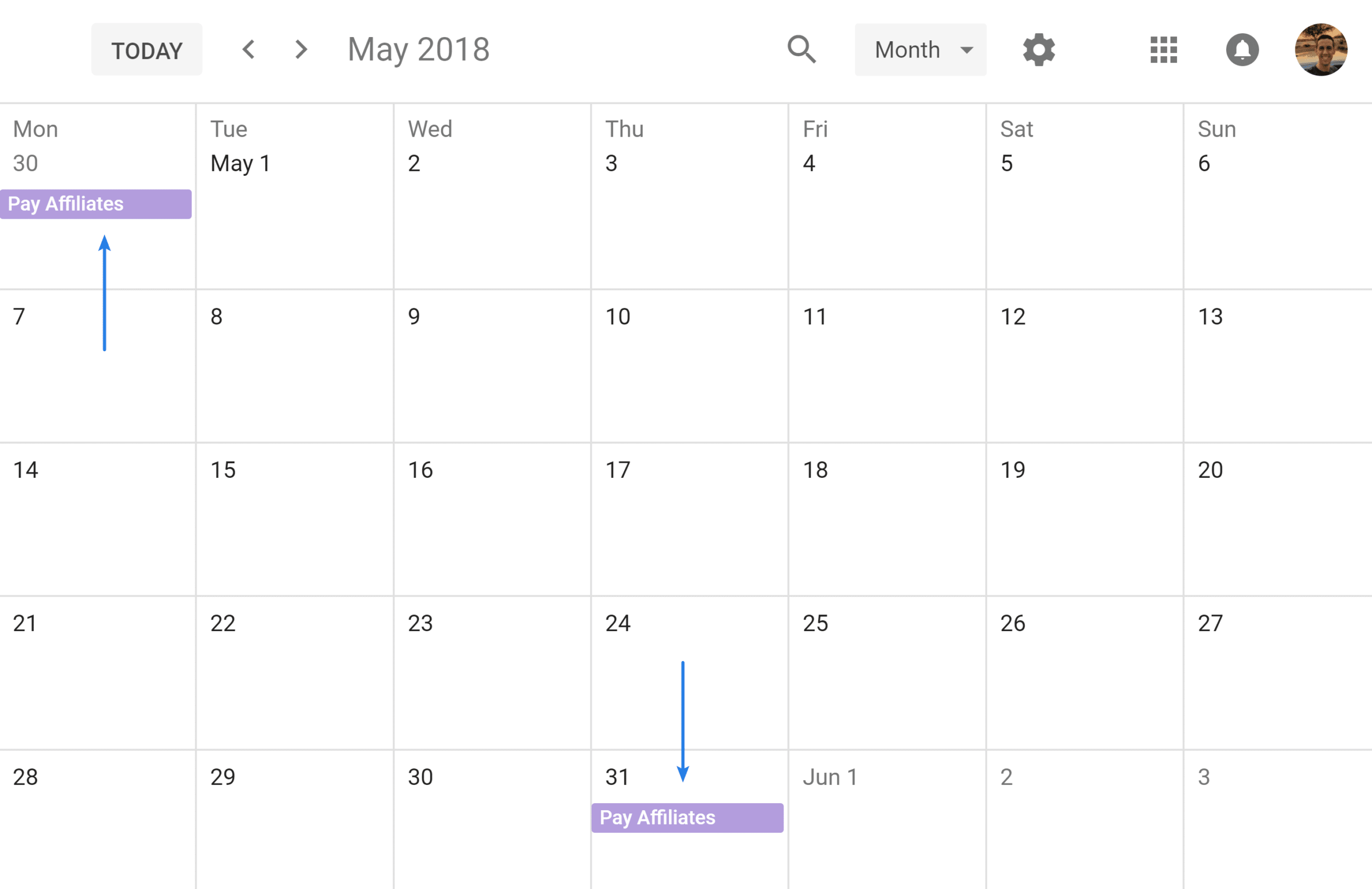 Google Calendar repeating event on last day of month