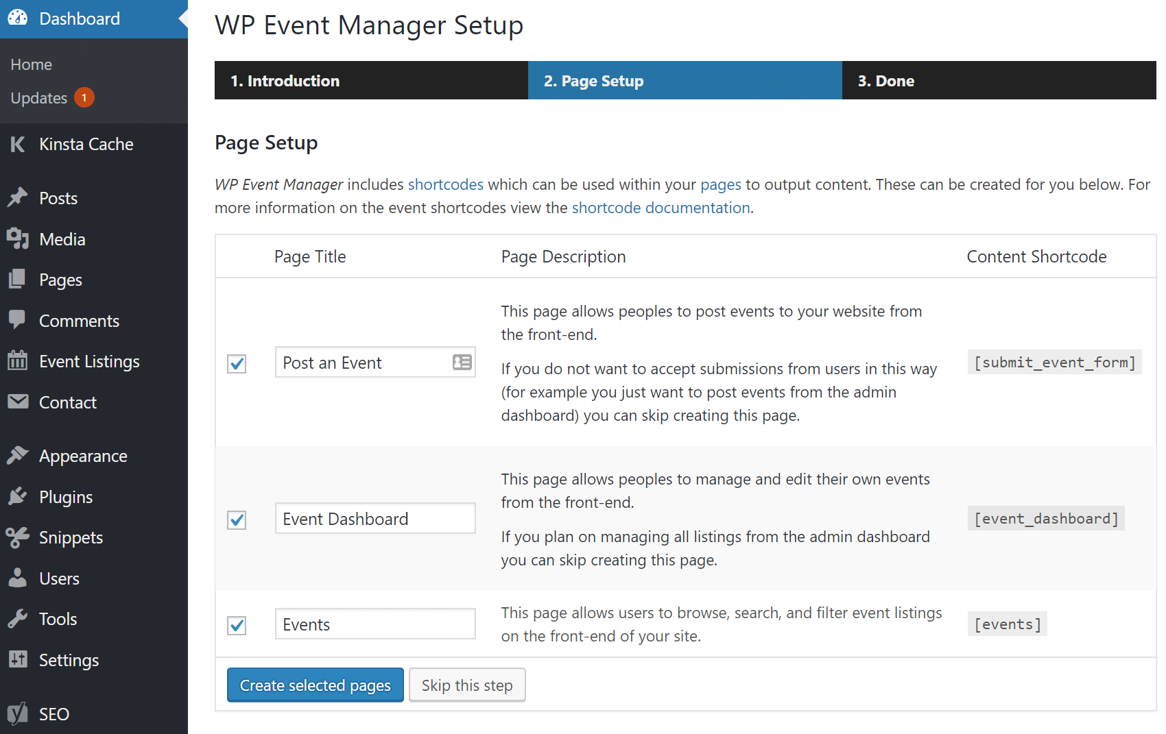 WP Event Manager create pages