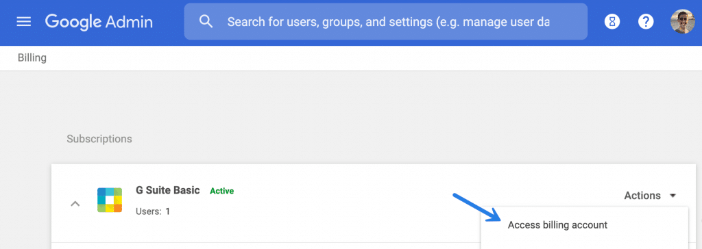 Google Admin Console access billing account