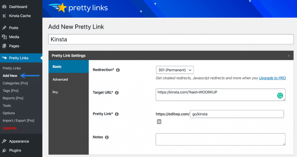 Add shortened link in Pretty Links plugin