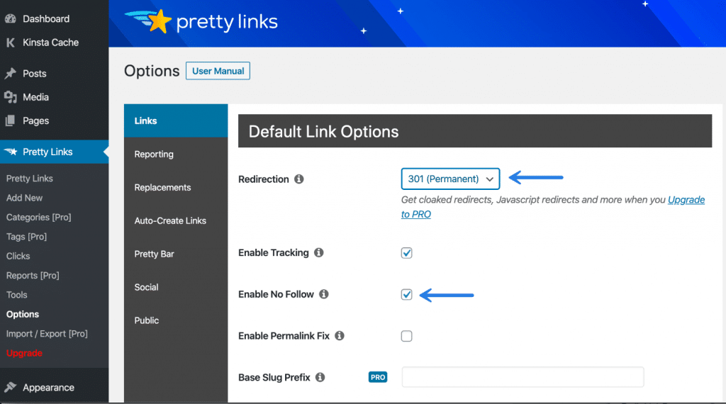 Pretty Links default to 301 and nofollow