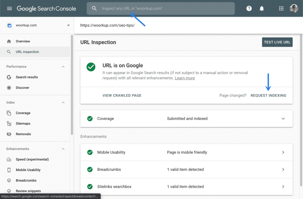 Request indexing in Google Search Console