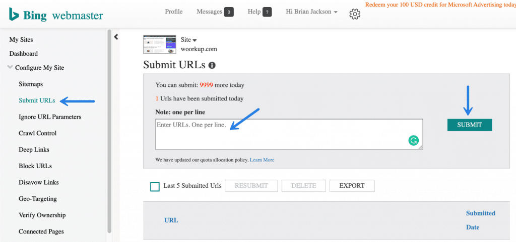 Submit URL in Bing Webmaster Tools