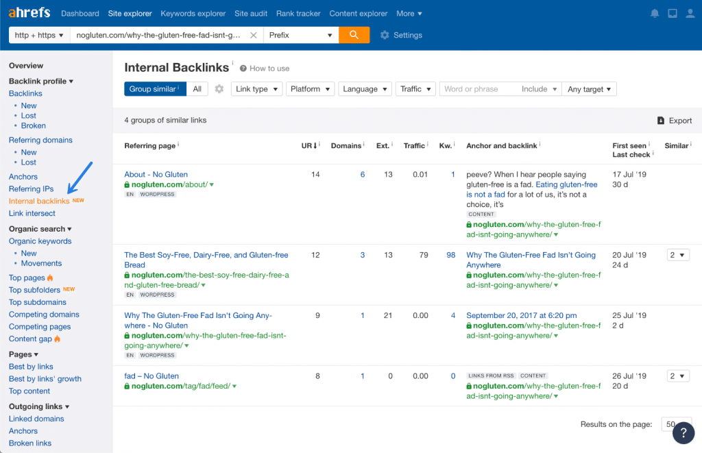 Update internal backlinks with Ahrefs