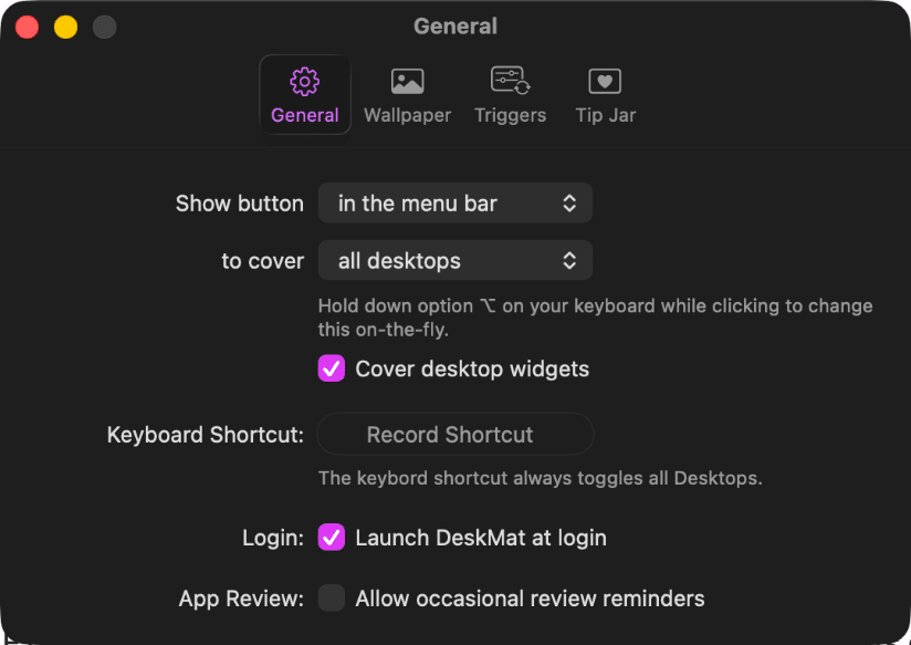 DeskMat app general settings