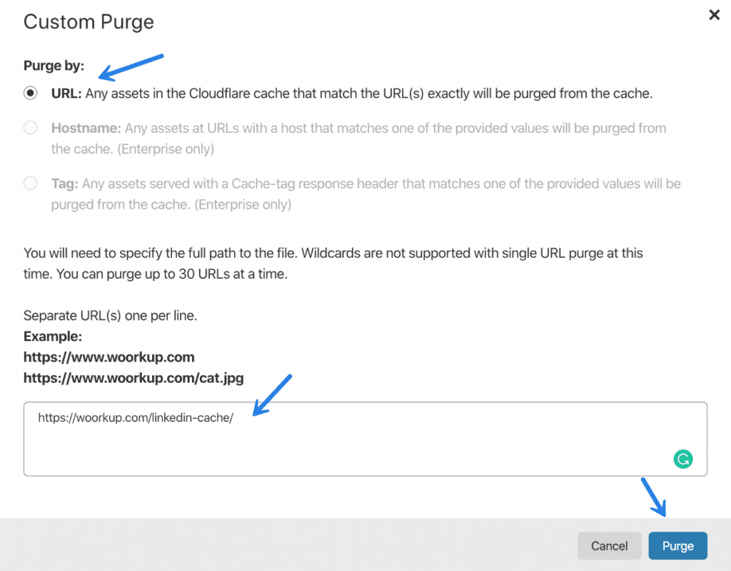 Purge URL cache at Cloudflare