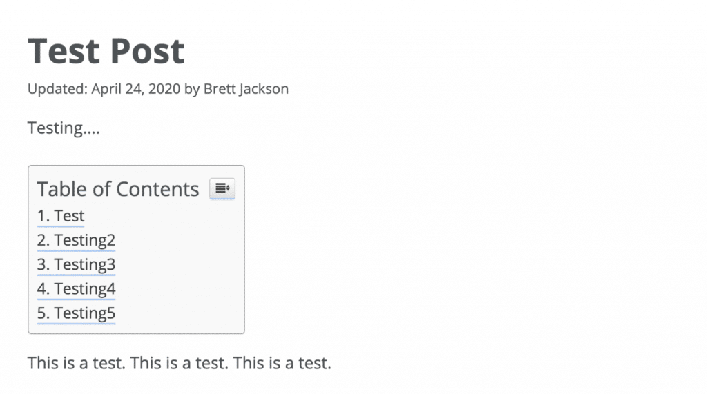 Example of table of contents with a plugin