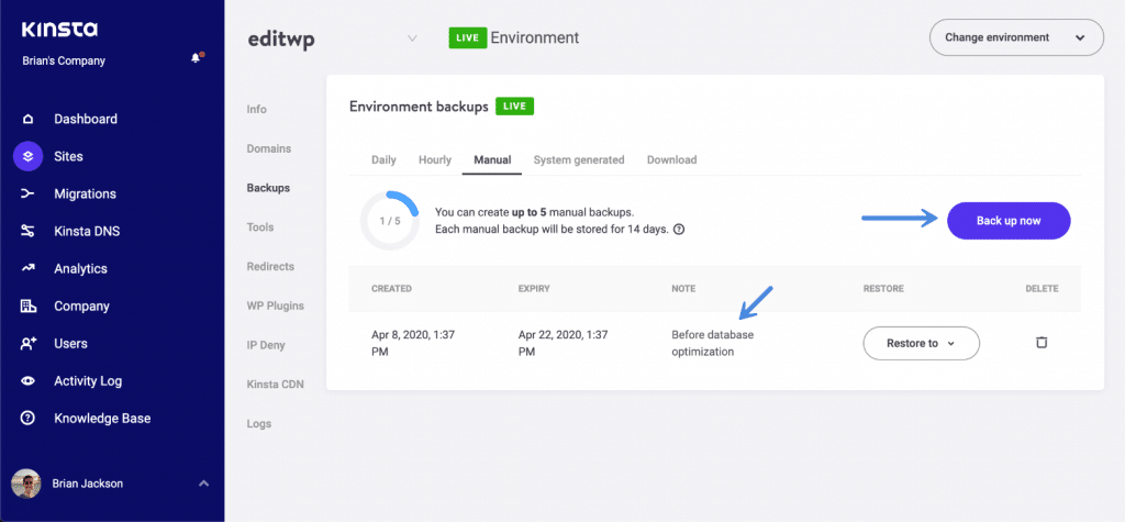 WordPress backup snapshot at Kinsta